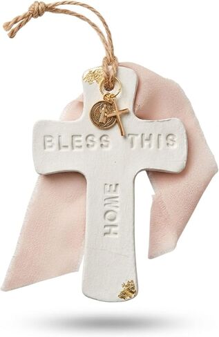 Bless This Home، هدية ديكور منزلي ديني، صليب طين معلق، ديكور جداري روحي، تميمة ريفية بيضاء غير لامعة مع لمسات ذهبية وشريط، هدية الترحيب بالمنزل الجديد أو المعمودية، مصنوعة يدويًا في كوستاريكا in Kuwait