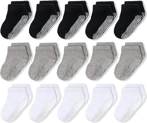 CozyWay Kids Low Cut Gripper Socks - Non-Slip Grip Socks for Boys 6-8 - Reinforced Toe Cotton Footies for Kids 5-7 - Ankle-High, 15-Pack, Black/White/Gray in Kuwait