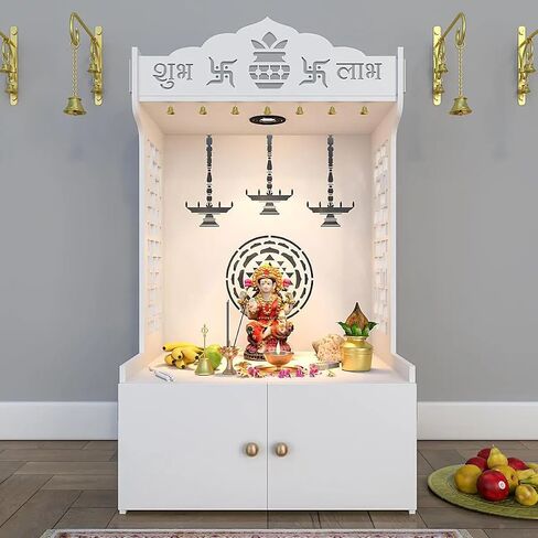 Timeless Wooden Templ/Mandir for Home with Spacious Shelf Inbuilt Focus Light, 46 Centimeters, 109 CM Generous Size White in Saudi Arabia