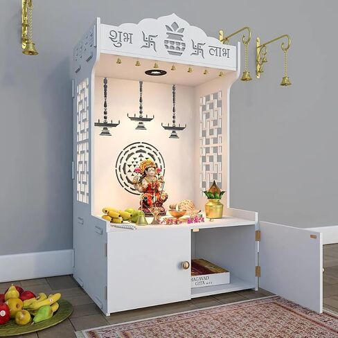 Timeless Wooden Templ/Mandir for Home with Spacious Shelf Inbuilt Focus Light, 46 Centimeters, 109 CM Generous Size White in Saudi Arabia