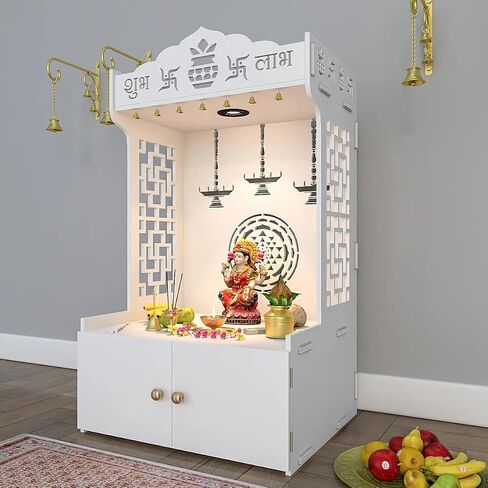 Timeless Wooden Templ/Mandir for Home with Spacious Shelf Inbuilt Focus Light, 46 Centimeters, 109 CM Generous Size White in Saudi Arabia