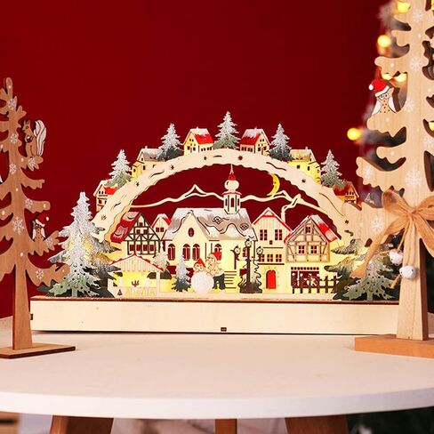 LED Scene Wooden Village Ornament, Detailed and Decorative, Made of Wood, with Smooth Edges, Stable Placement, for Home Decor at Night, Christmas House in Kuwait