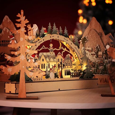 LED Scene Wooden Village Ornament, Detailed and Decorative, Made of Wood, with Smooth Edges, Stable Placement, for Home Decor at Night, Christmas House in Kuwait