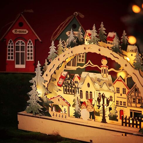 LED Scene Wooden Village Ornament, Detailed and Decorative, Made of Wood, with Smooth Edges, Stable Placement, for Home Decor at Night, Christmas House in Kuwait
