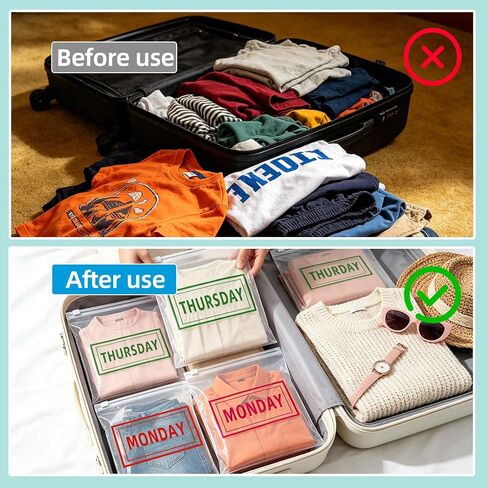 28 Pcs Days of the Week Packing Cubes for Travel Clear Compression Packing Organizers for Suitcase Daily Planner Travel Bags for Clothes Reusable Zippered Luggage Storage Bag in Kuwait