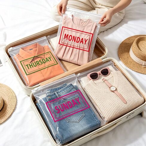 28 Pcs Days of the Week Packing Cubes for Travel Clear Compression Packing Organizers for Suitcase Daily Planner Travel Bags for Clothes Reusable Zippered Luggage Storage Bag in Kuwait