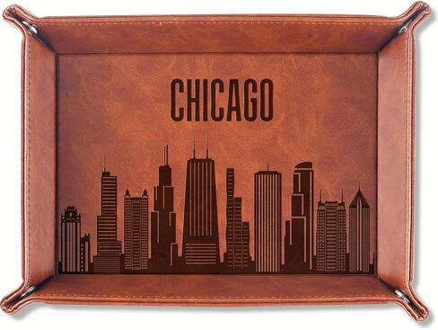 InnoBeta Chicago City Skyline Gifts for Chicago Lovers, Chicago Souvenir, Skyline Map Valet Tray for Him, Male, Boyfriend, Son, Husband, Dad, Desktop Organizer PU Leather Tray in Kuwait