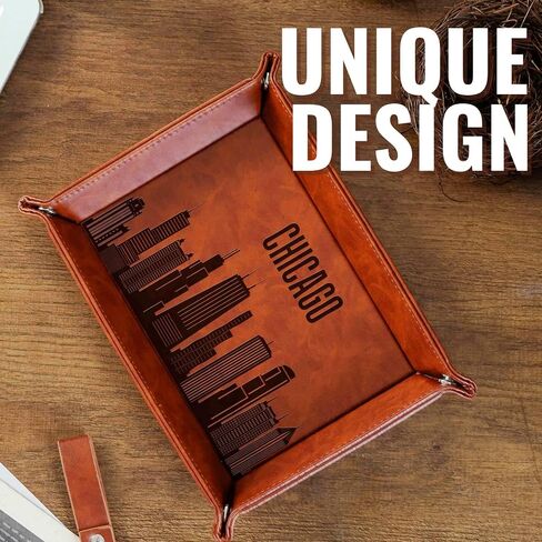 InnoBeta Chicago City Skyline Gifts for Chicago Lovers, Chicago Souvenir, Skyline Map Valet Tray for Him, Male, Boyfriend, Son, Husband, Dad, Desktop Organizer PU Leather Tray in Kuwait