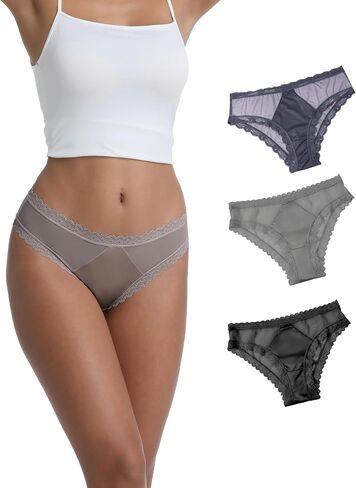 Womens Low Rise Lace Bikini Panties Satin Front Flattering Everyday Underwear Lyocell Silk-Blend Gusset in Kuwait