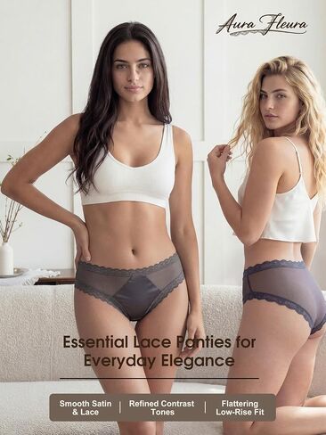 Womens Low Rise Lace Bikini Panties Satin Front Flattering Everyday Underwear Lyocell Silk-Blend Gusset in Kuwait