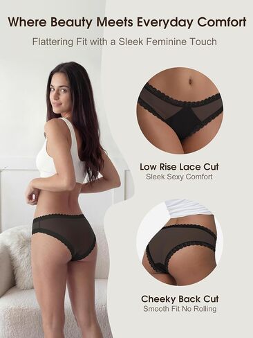 Womens Low Rise Lace Bikini Panties Satin Front Flattering Everyday Underwear Lyocell Silk-Blend Gusset in Kuwait