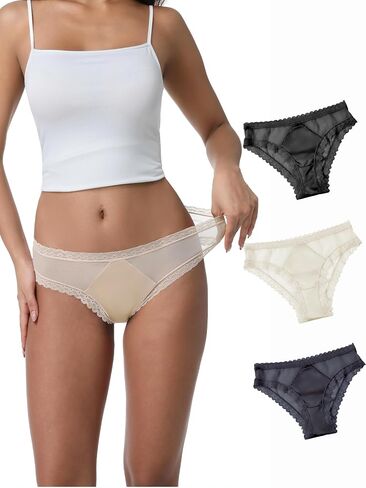 Womens Low Rise Lace Bikini Panties Satin Front Flattering Everyday Underwear Lyocell Silk-Blend Gusset in Kuwait