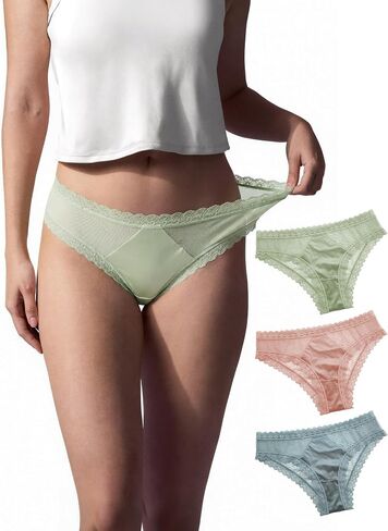 Womens Low Rise Lace Bikini Panties Satin Front Flattering Everyday Underwear Lyocell Silk-Blend Gusset in Kuwait