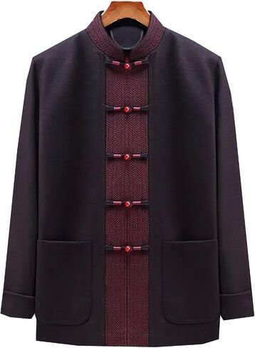 Tang Suit Ethnic Middle-Aged and Elderly Men's Spring and Autumn Winter Chinese Wedding Suit Old Man Festive Jacket(Dark Gray)(XL) in Kuwait