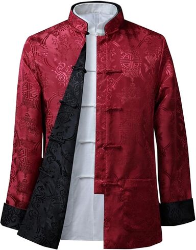 Tang Suit for Men, Stand Collar Shirt, Double-Sided Casual Outerwear, Traditional Martial Arts Kung Fu Jacket, for Spring and Autumn(Red-Black)(L) in Kuwait