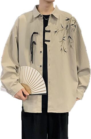 Chinese Embroidered Shirt Jacket Tang Suit Vintage Casual Coat,Chinese Long Sleeved Shirt Spring Autumn,Button Down Shirt(Grey)(2XL) in Kuwait