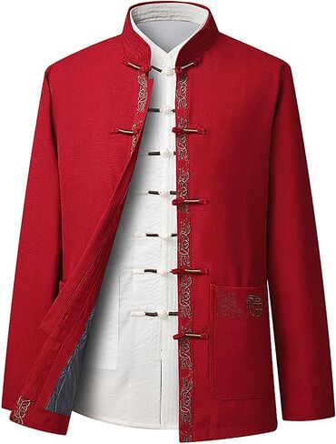 Men Tang Suit Kung Fu Jacket, Traditional Long Sleeve Kung Fu Jacket, Mandarin Collar Jacket, Lightweight Spring Autumn Top(Red)(3XL) in Kuwait