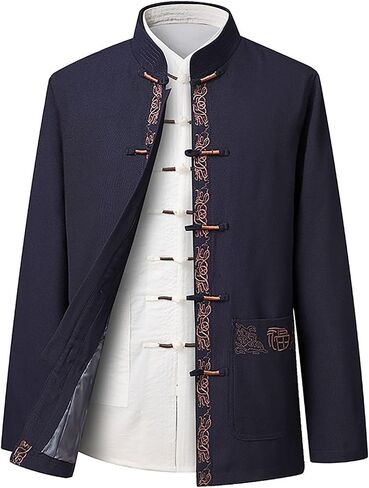 Men Tang Suit Kung Fu Jacket, Traditional Long Sleeve Kung Fu Jacket, Mandarin Collar Jacket, Lightweight Spring Autumn Top(Red)(3XL) in Kuwait