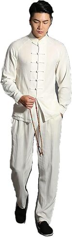 Kung Fu Jacket Tops Martial Arts Long Jersey,Chinese Tang Suit Men Suit Summer Long-Sleeve Clothing(White)(L) in Kuwait