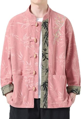 Traditional Long Sleeve Kung Fu Uniform Men Shirt and Pants,Suit Men Jacket Long Sleeve Chinese Casual Top Button(Pink)(5XL) in Kuwait