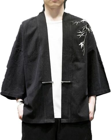 Men Jacket Traditional Tang Suit Tai Chi Kung Fu Button Down Shirt,Summer Men Loose Taoist Robe Embroidered Shirt(Black)(XL) in Kuwait