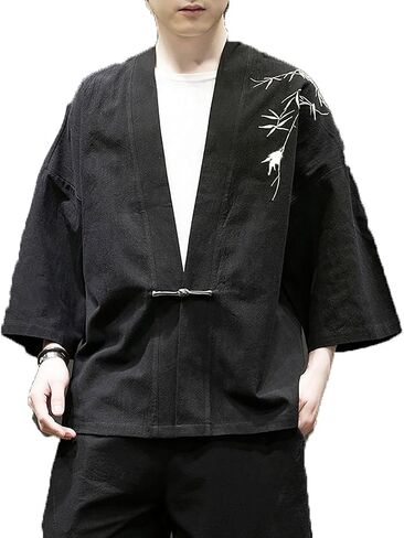 Men Jacket Traditional Tang Suit Tai Chi Kung Fu Button Down Shirt,Summer Men Loose Taoist Robe Embroidered Shirt(Black)(XL) in Kuwait