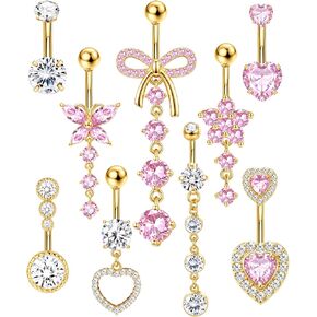 Subiceto Belly Button Ring for Women 14G Surgical Steel Dangling Belly Button Rings Non Tarnish Navel Piercing Jewelry Set with Pink Cubic Zirconia Heart Butterfly Flower Body Jewelry in Saudi Arabia