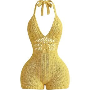 WDIRARA Women's Boho Hollow Out Tie Backless Halter Jumpsuits Deep V Neck Knit One Piece Romper in Kuwait