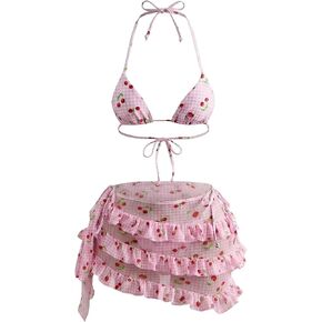 Verdusa Women's 3 Piece Cute Halter Bathing Suit Cherry Gingham Triangle Bikini Sets with Cover Up Skirt in Kuwait