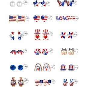 Patriotic Earrings for Women Girls Kids - 18 Pairs American Flag Earrings | Red White and Blue Flat Back Stud Earrings for Independence Day , 4 Years Old+ in Kuwait