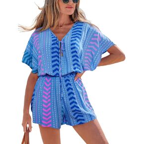 CUPSHE Womens Summer Romper Short Sleeve Plunge V Front Tie Wide Leg Jumpsuit Elastic Waist Beach Workout Romper Outfits in Kuwait