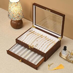 Black Walnut Lockable Wooden Necklace Box, 2 Layer Natural Wood Jewelry Organizer with Glass Lid and Drawer, Tangle Free Handcrafted Velvet Lined Pendant Holder Display Case Gifts for Women Girls Mom in Saudi Arabia