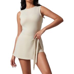 Women's Tennis Dress with Built-in Shorts Sleeveless Backless Wrap Athletic Golf Workout Romper(M,Beige) in Kuwait