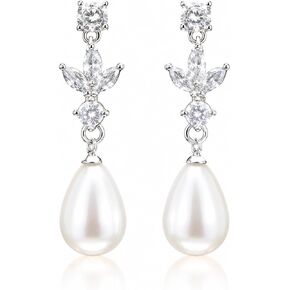 Pearl Dangle Clip On Earrings for Women - 14K Gold Silver Plated Cubic Zirconia Pearl Drop Earrings Trendy Long Non Pierced Bridal Earrings Fashion Jewelry Gifts in Saudi Arabia