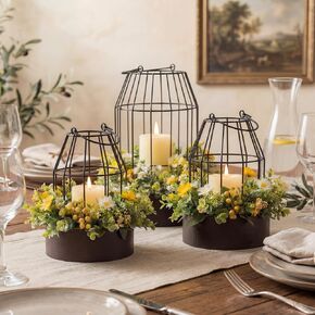 Rustic Farmhouse Lantern Decoration Set of 3, Modern Decorative Lanterns Indoor Outdoor, Metal Candle Holders for Porch Patio Fireplace Mantle Dining Room Table(Dark Brown, Black) in Kuwait
