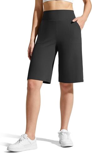 G4Free Women's Workout Shorts with Pockets 11" Knee Length High Waist Dressy Loose Shorts Summer Business (Black,M) in Kuwait