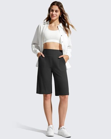 G4Free Women's Workout Shorts with Pockets 11" Knee Length High Waist Dressy Loose Shorts Summer Business (Black,M) in Kuwait