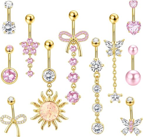 Subiceto Belly Button Ring for Women 14G Surgical Steel Dangling Belly Button Rings Non Tarnish Navel Piercing Jewelry Set with Pink Cubic Zirconia Heart Butterfly Flower Body Jewelry in Saudi Arabia