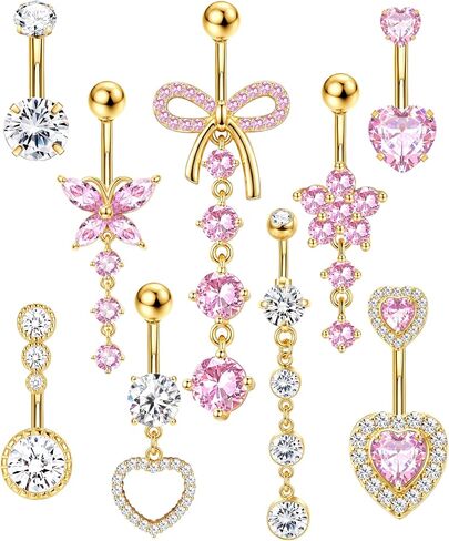 Subiceto Belly Button Ring for Women 14G Surgical Steel Dangling Belly Button Rings Non Tarnish Navel Piercing Jewelry Set with Pink Cubic Zirconia Heart Butterfly Flower Body Jewelry in Saudi Arabia