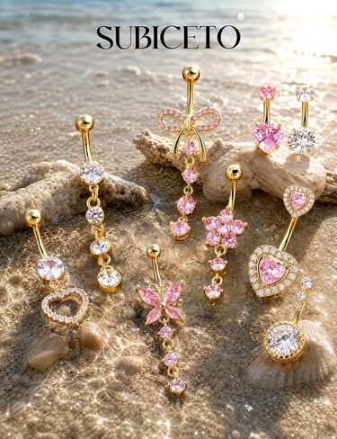 Subiceto Belly Button Ring for Women 14G Surgical Steel Dangling Belly Button Rings Non Tarnish Navel Piercing Jewelry Set with Pink Cubic Zirconia Heart Butterfly Flower Body Jewelry in Saudi Arabia