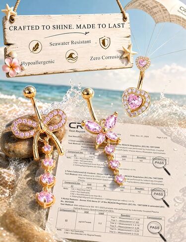 Subiceto Belly Button Ring for Women 14G Surgical Steel Dangling Belly Button Rings Non Tarnish Navel Piercing Jewelry Set with Pink Cubic Zirconia Heart Butterfly Flower Body Jewelry in Saudi Arabia
