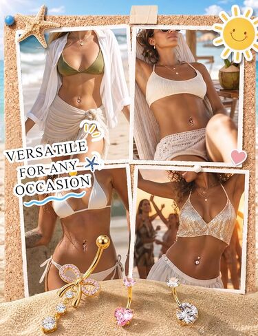 Subiceto Belly Button Ring for Women 14G Surgical Steel Dangling Belly Button Rings Non Tarnish Navel Piercing Jewelry Set with Pink Cubic Zirconia Heart Butterfly Flower Body Jewelry in Saudi Arabia
