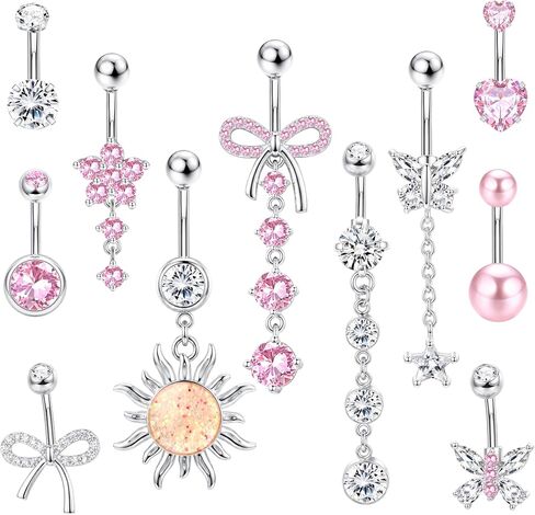 Subiceto Belly Button Ring for Women 14G Surgical Steel Dangling Belly Button Rings Non Tarnish Navel Piercing Jewelry Set with Pink Cubic Zirconia Heart Butterfly Flower Body Jewelry in Saudi Arabia