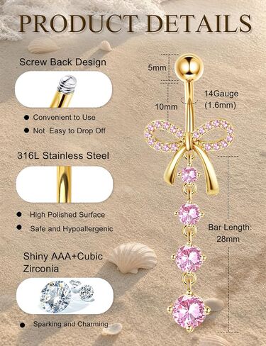 Subiceto Belly Button Ring for Women 14G Surgical Steel Dangling Belly Button Rings Non Tarnish Navel Piercing Jewelry Set with Pink Cubic Zirconia Heart Butterfly Flower Body Jewelry in Saudi Arabia