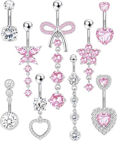 Subiceto Belly Button Ring for Women 14G Surgical Steel Dangling Belly Button Rings Non Tarnish Navel Piercing Jewelry Set with Pink Cubic Zirconia Heart Butterfly Flower Body Jewelry in Saudi Arabia