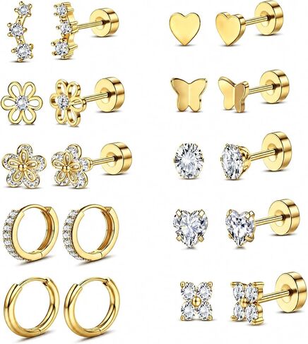 Surgical Stainless Steel Stud Earrings Set for Women | Hypoallergenic, Sensitive Flat Back, Small Cute Hoop Earring Sets, Lobe Helix Cartilage Stacks, Multiple Piercing Jewelry in Saudi Arabia
