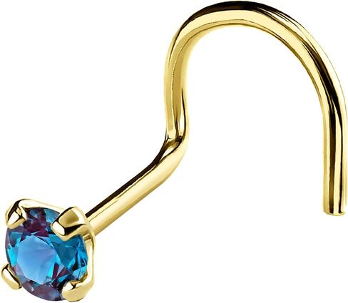 Solid 14K Gold Nose Screw Stud Lab-Alexandrite 22G Cork-screw Nose Stud - 14K White Gold / 14K Yellow Gold June Birthstone Nose Ring Stud in Kuwait