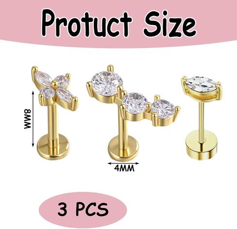 3 PCS Golden Flat Back Earrings, Golden Cartilage Earrings for Women, Lip Helix Piercing Jewelry, Conch Piercing Jewelry Helix Earringss Flatback Earringss for Men in Saudi Arabia