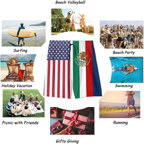 SARA NELL Men's Swim Trunks American Mexican Flag Surfing Beach Board Shorts Swimwear White in Kuwait