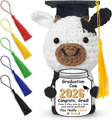 Handmade Crochet Cow Graduation Gift 2026, Positive Mini Cow with Cap & 5 Changeable Tassels, Cute Emotional Support Keepsake for College High School Graduate, Class of 2026 Decorations in Saudi Arabia